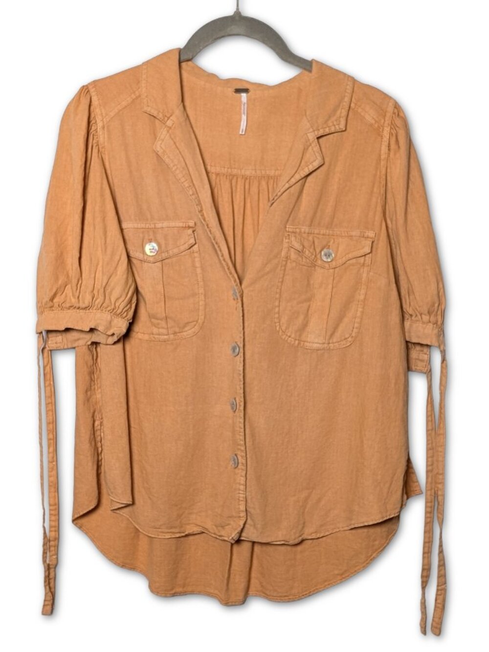Free People sz S Short Sleeve Button Down, Weathered Effect, Lt Rust Orange
